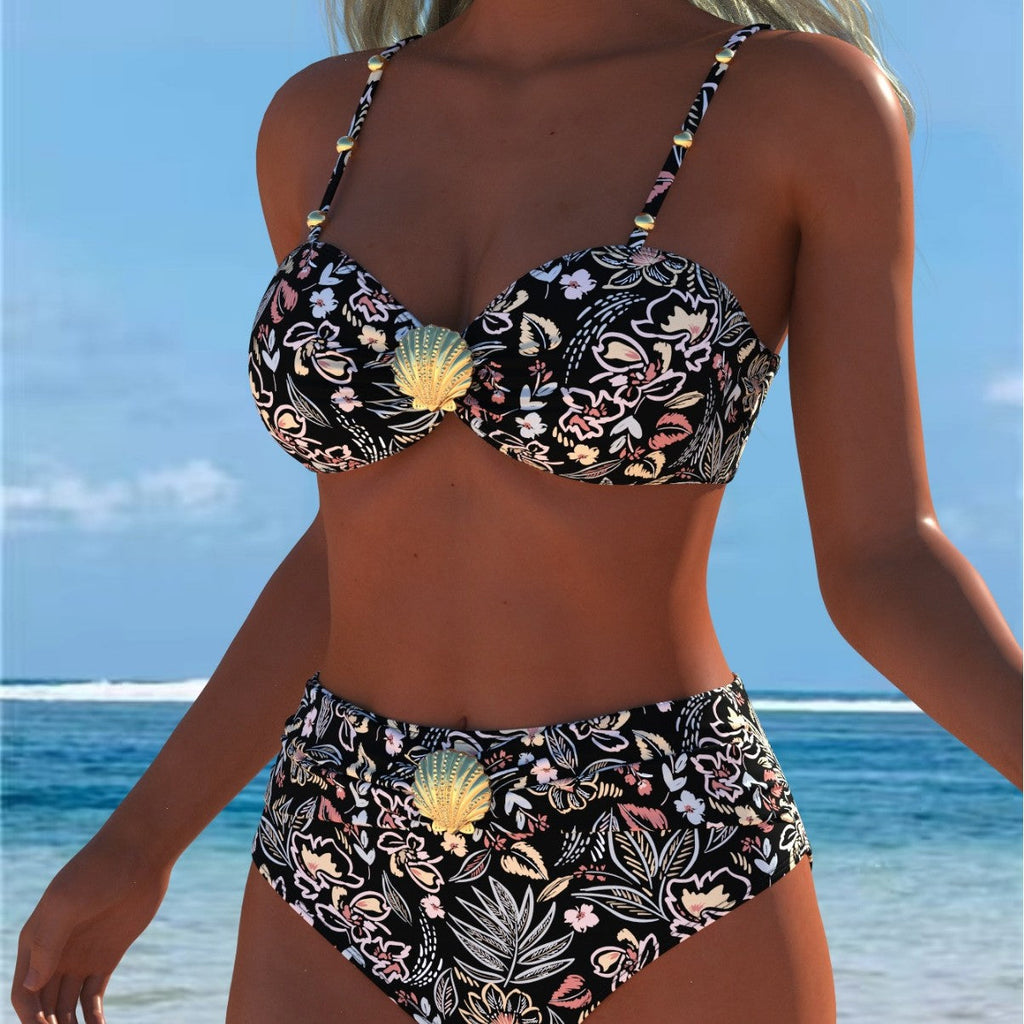 Bikini balconnet pour femmes avec taille haute et détail décoratif en coquillage R&B