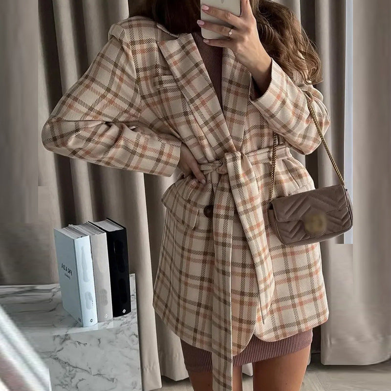 Manteau-blazer oversize à carreaux pour femmes avec ceinture à la taille et poches plaquées