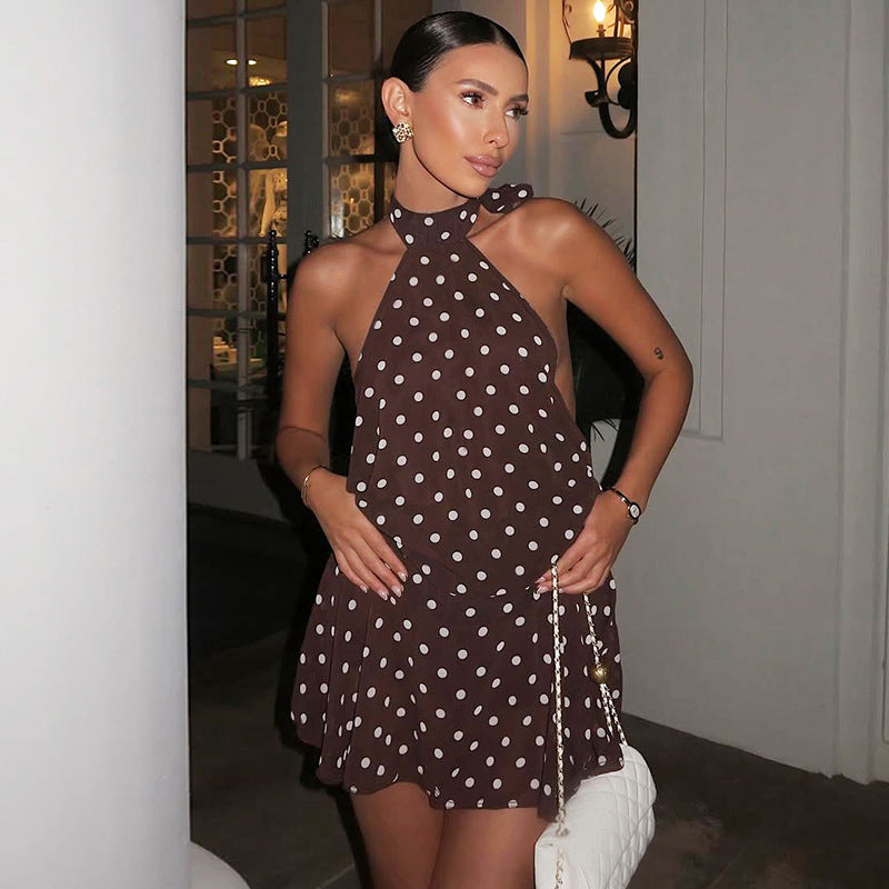 Robe en dentelle aérienne pour femmes avec col halter et motif à pois Heidi-Mode