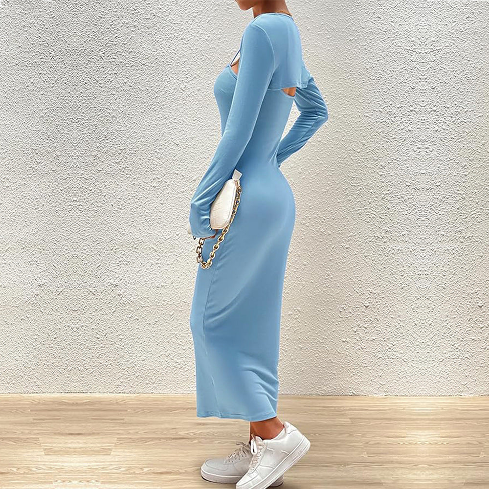 Robe maxi ajustée pour femme avec bretelles spaghetti et manches boléro amovibles