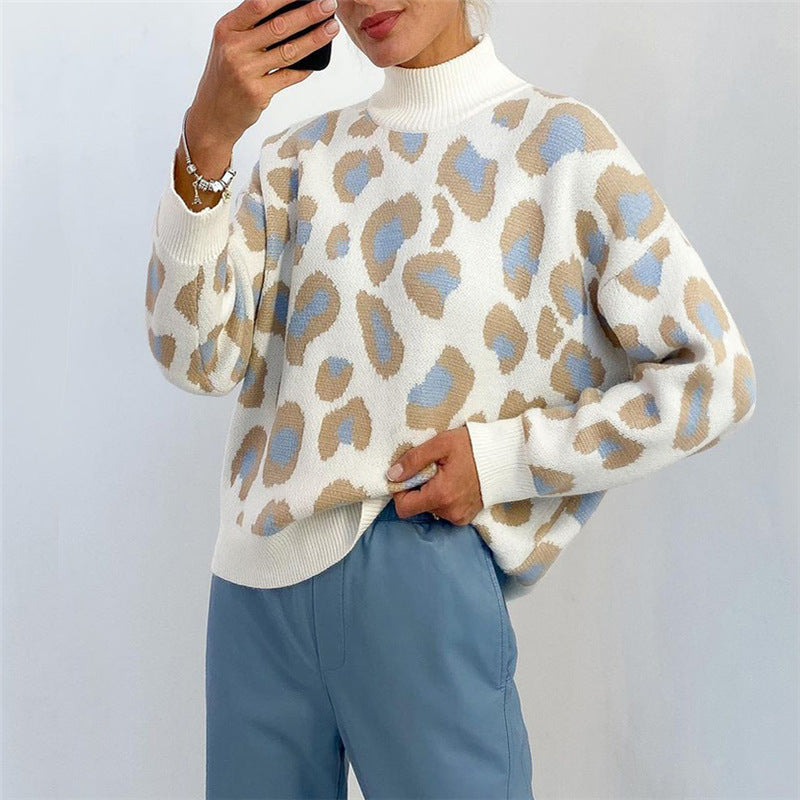 Pull à col roulé oversize pour femmes avec jacquard léopard et bordures côtelées Echoarchiv