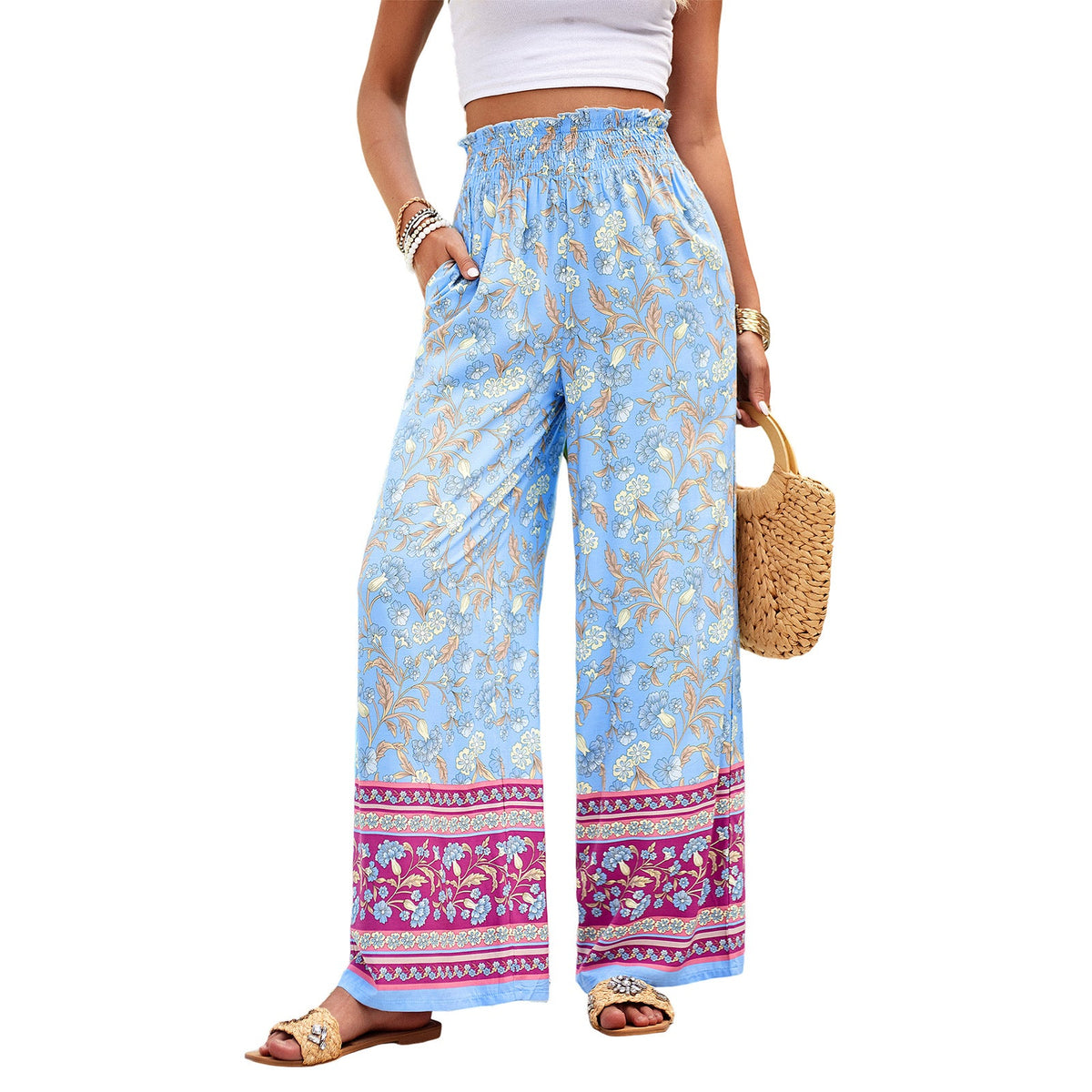 Pantalon palazzo pour femmes avec taille froncée, poches latérales et imprimé floral boho Echo Archiv