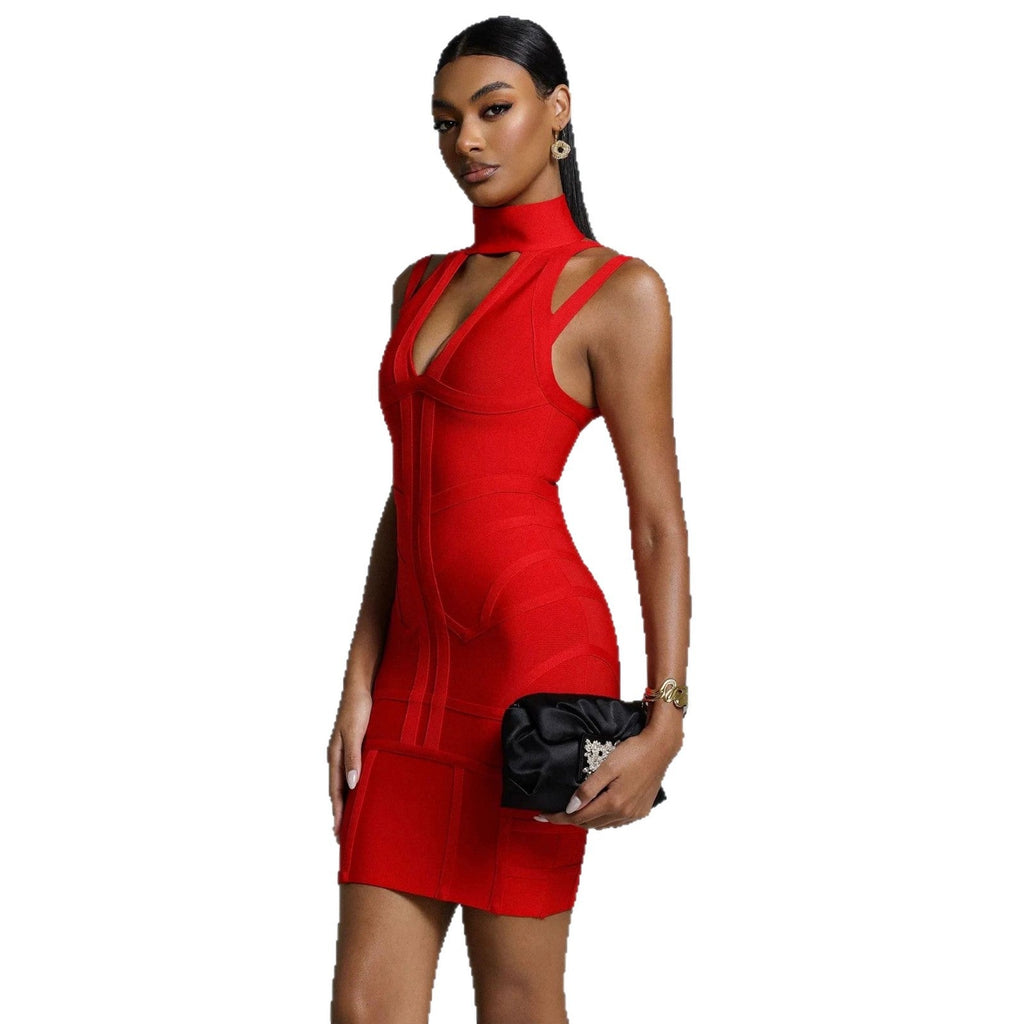 Robe courte ajustée pour femmes avec col montant et découpes raffinées R&B
