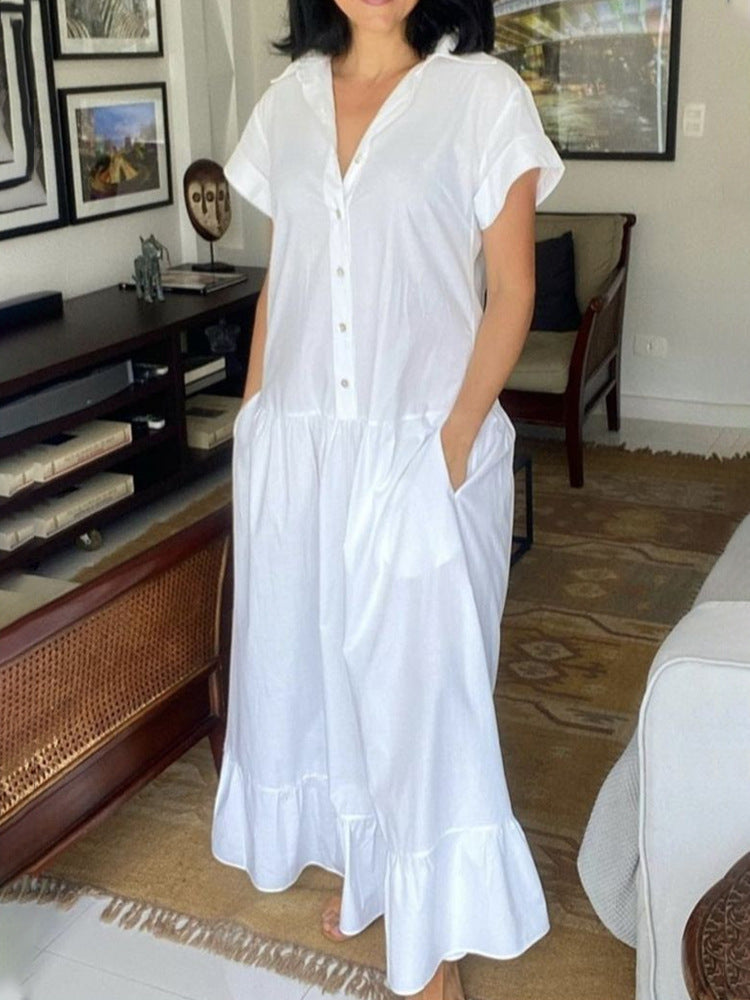 Robe Boutonnée Décontractée pour Femmes avec Poches et Ourlet Volant R&B