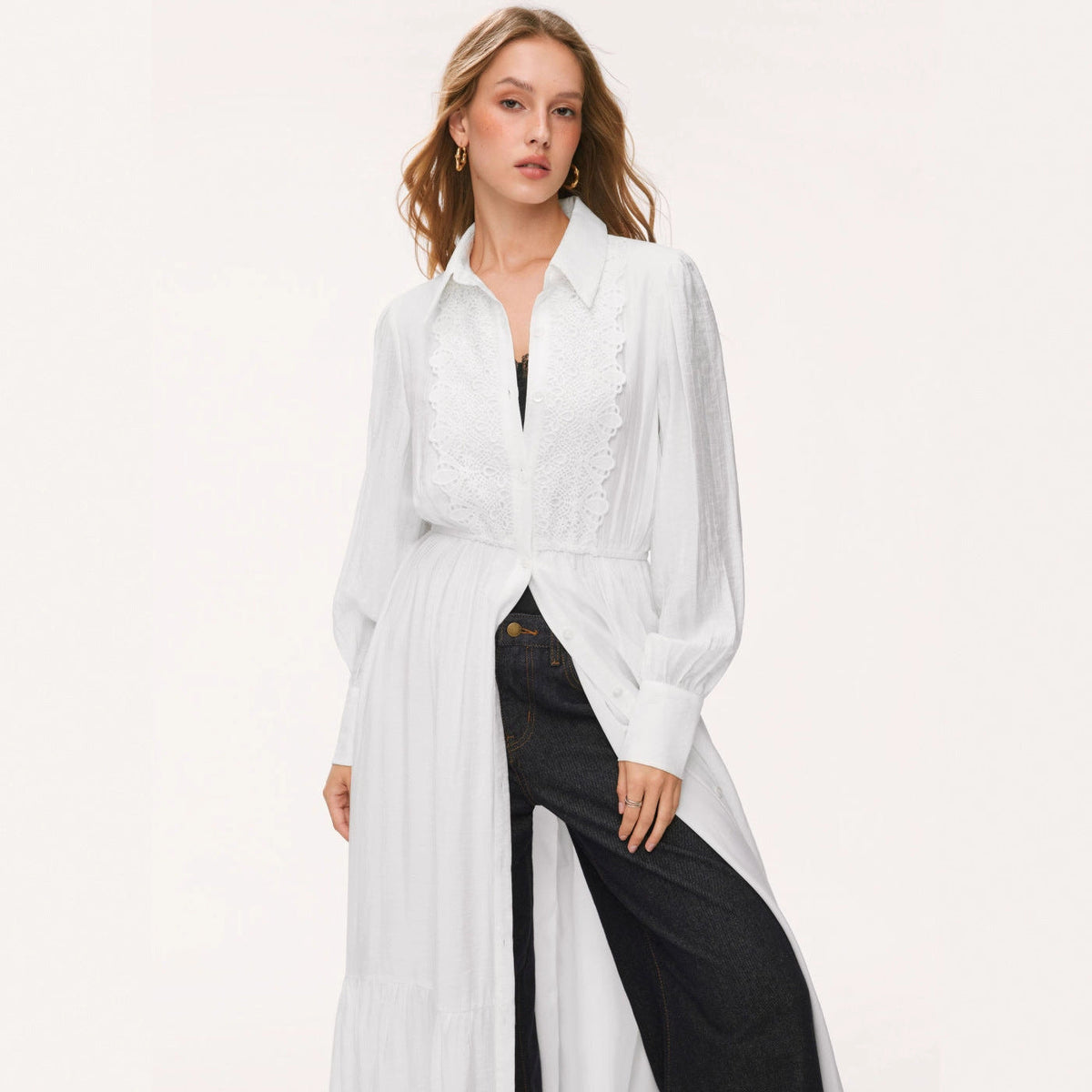 Robe chemise longue pour femmes avec dentelle, taille cintrée et jupe à volants