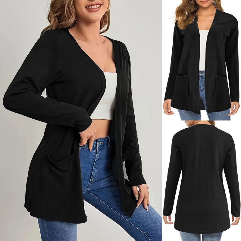 Cardigan Long Ouvert en Maille Fine pour Femme avec Poches et Décolleté en V Discret Echoarchiv