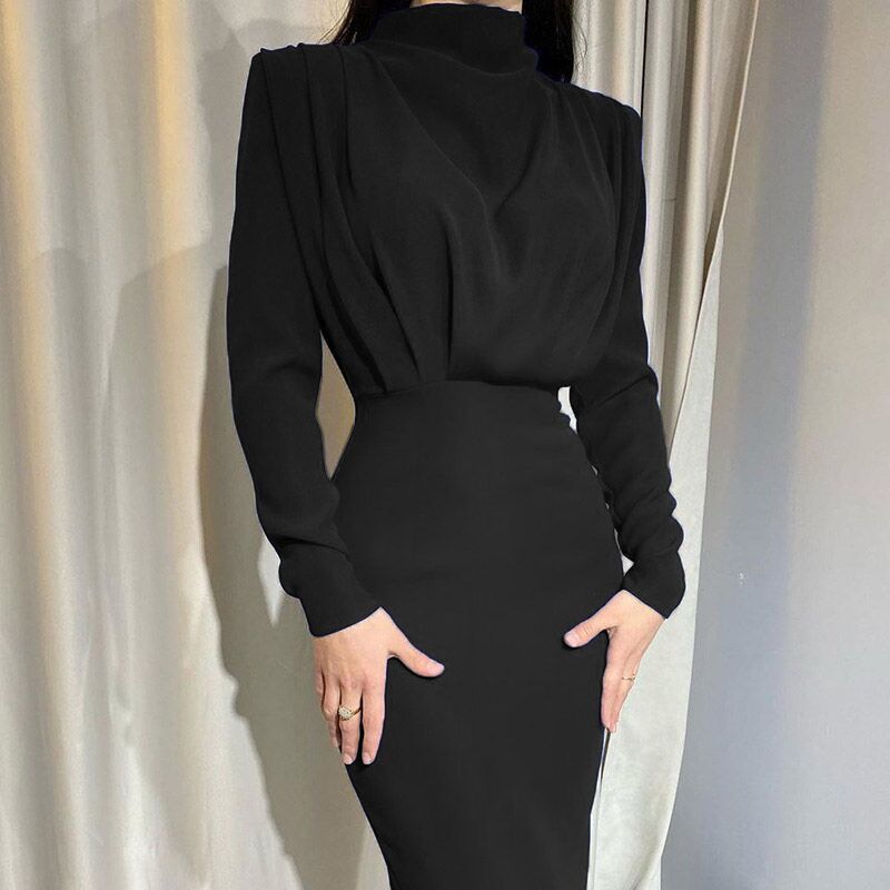 Robe midi élégante pour femmes avec devant drapé en cascade, silhouette crayon cintrée et manches longues Echo Archiv