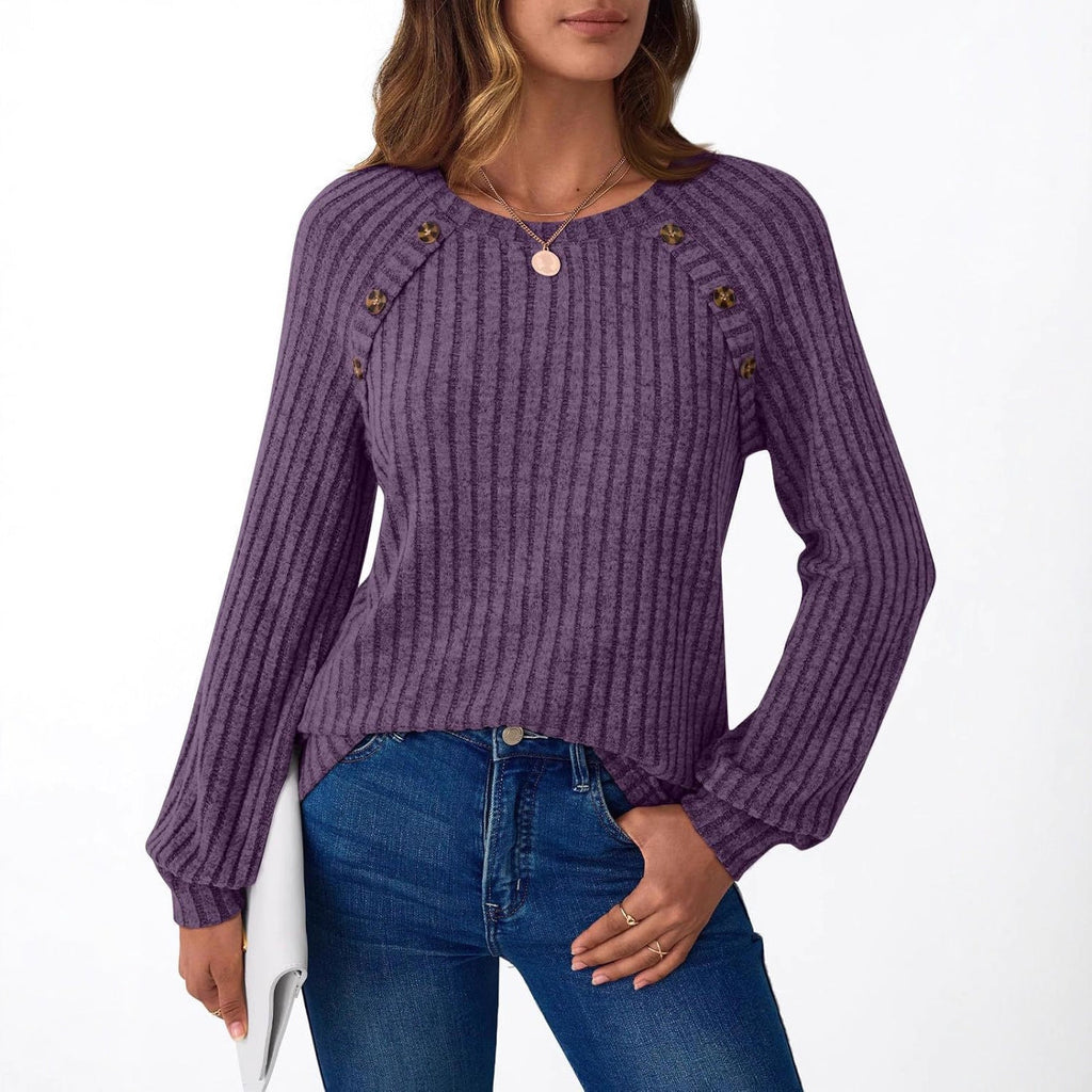 Pull en maille côtelée pour femmes avec patte de boutons décorative sur les manches raglan Echoarchiv