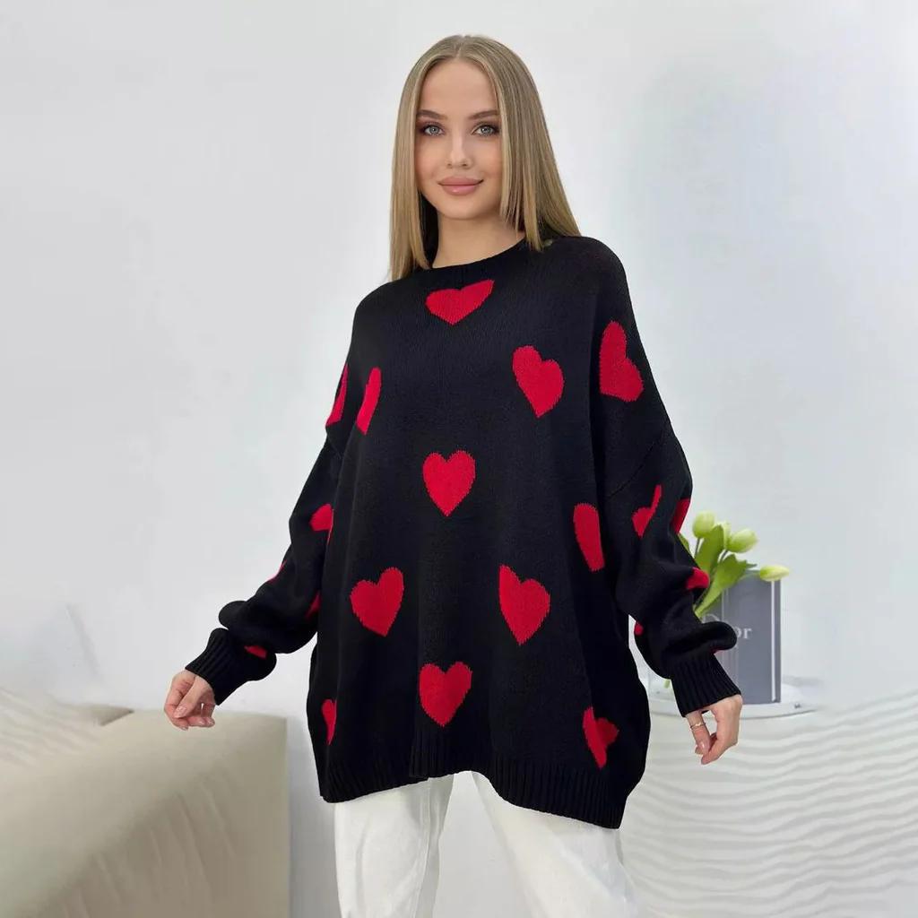 Pull en tricot oversize pour femmes avec motif en cœur, bords côtelés et silhouette ample Echoarchiv