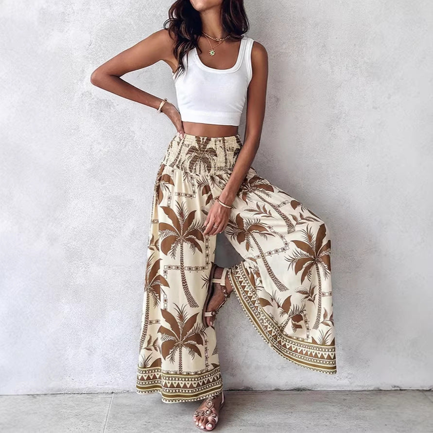 Jupe maxi pour femmes avec taille smockée haute et imprimé bohème de palmiers