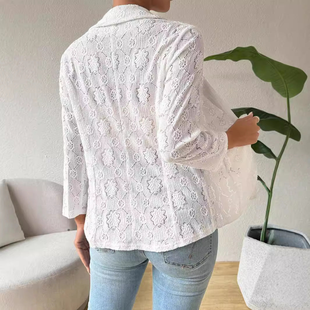 Blazer en dentelle transparente pour femmes avec col châle et manches trois-quarts R&B