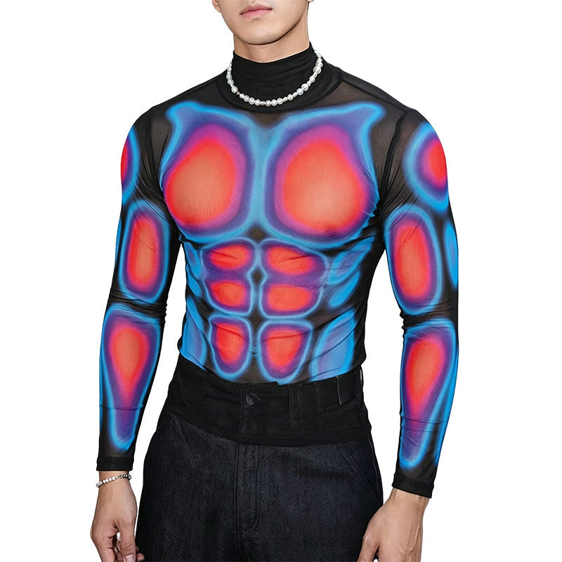 T-shirt long transparent en mesh pour hommes avec impression musculaire 3D Echoarchiv