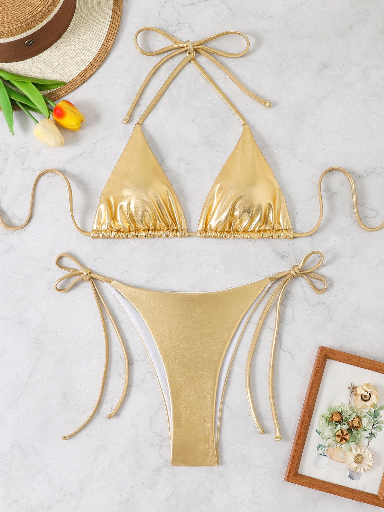 Ensemble de bikini triangle brillant pour femmes avec bretelles réglables R&B