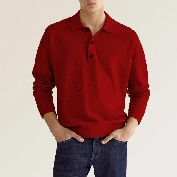 Polo-Sweater en maille fine pour hommes avec manches longues, poignets côtelés et patte de boutonnage subtile EB