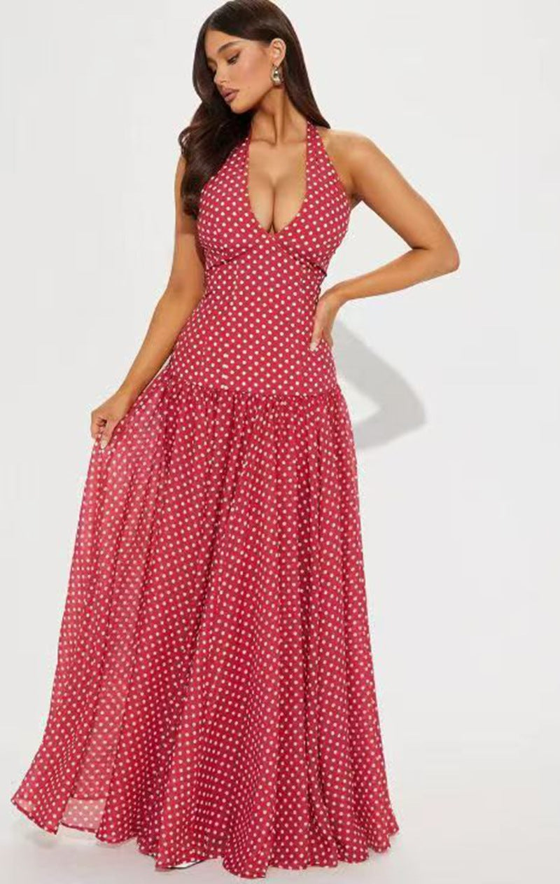 Robe longue à dos nu pour femmes avec décolleté en V profond, couture empire cintrée et jupe évasée à volants R&B