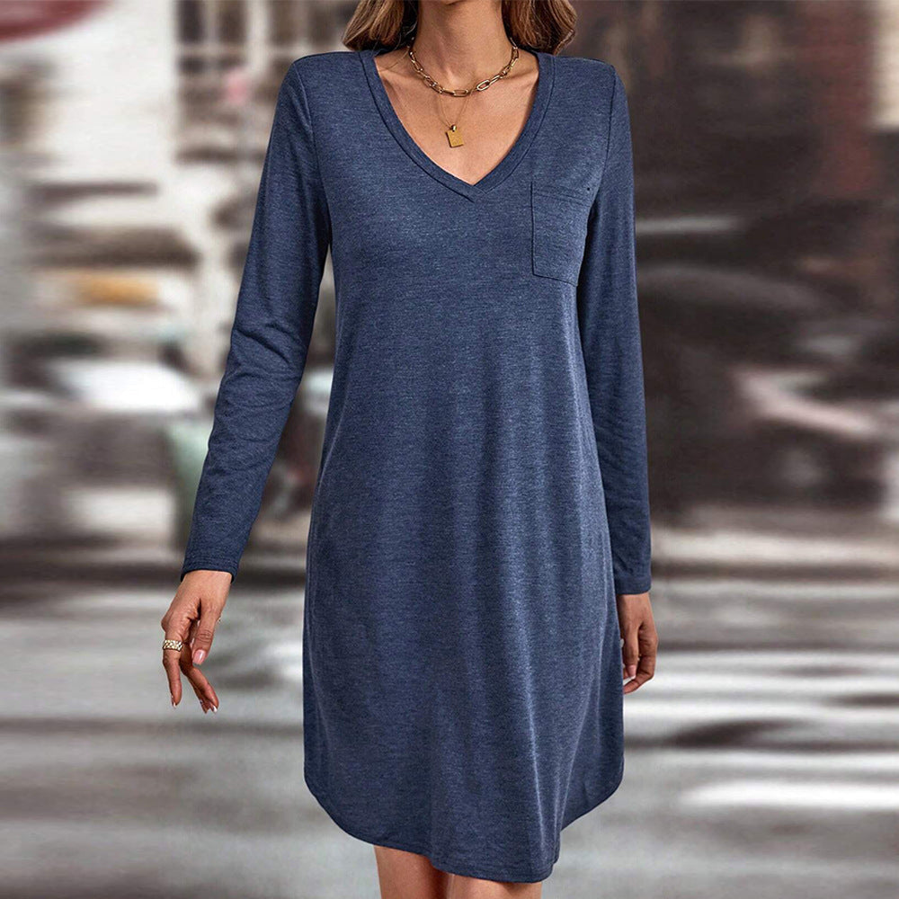 Robe en jersey décontractée pour femmes avec décolleté en V, poche poitrine et coupe A décontractée