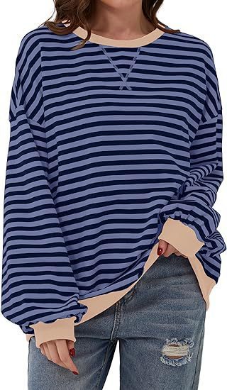 Sweat-shirt à rayures oversize décontracté pour femmes avec manches raglan et bords contrastés Echoarchiv