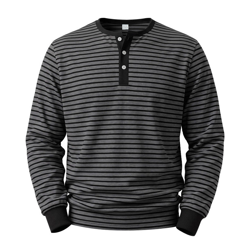 Chemise Henley à manches longues pour hommes en mélange de coton avec de fines rayures et patte de boutonnage Echoarchiv