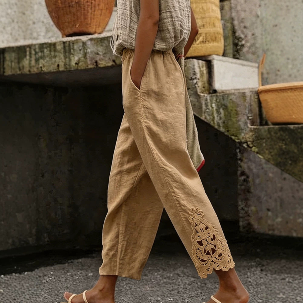 Pantalon en lin élégant pour femmes avec délicate dentelle R&B