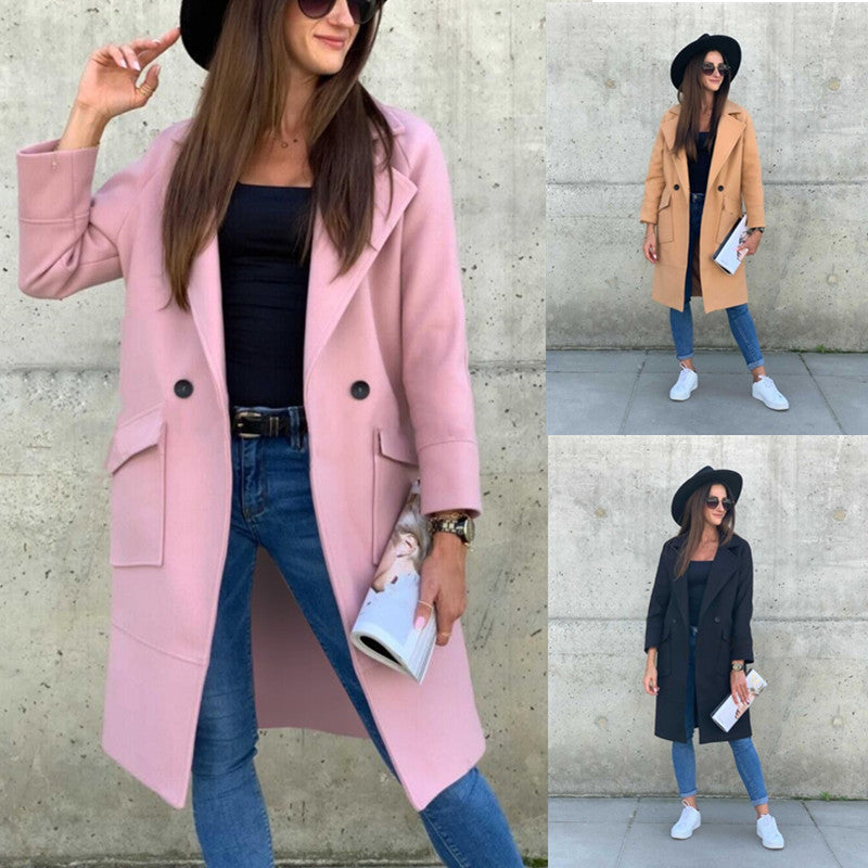 Manteau mi-long en mélange de laine pour femmes au design épuré avec col à revers et poches plaquées Echo Archive