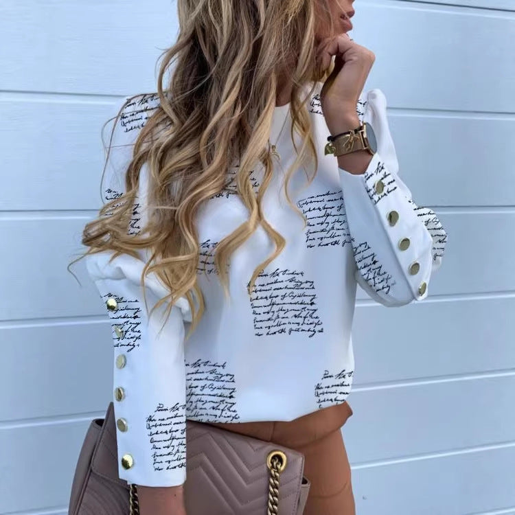 Blouse à manches longues imprimée pour femmes avec motif chaîne et poignets décoratifs Echoarchiv