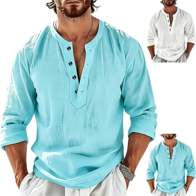 Chemise à manches longues en lin léger pour homme avec col mandarin Echoarchiv