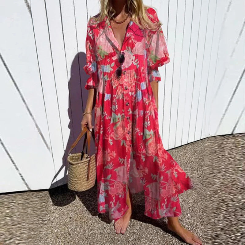 Robe Maxi Fluide pour Femmes avec Boutonnage Intégral, Décolleté en V et Imprimé Ethnique Echoarchiv