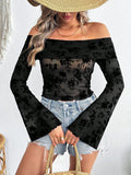Top en résille sans manches pour femmes avec application en velours floral, coupe courte et manches trompette R&B