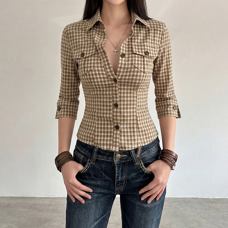 Blouse à carreaux cintrée à manches trois-quarts pour femmes avec poches poitrine et col de chemise Echo Archiv