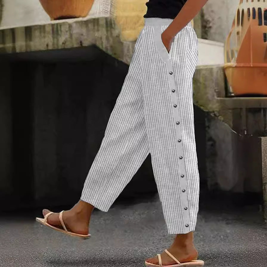 Pantalons culottes pour femmes avec taille élastique haute, fermeture à boutons sur le côté et poches Echoarchiv