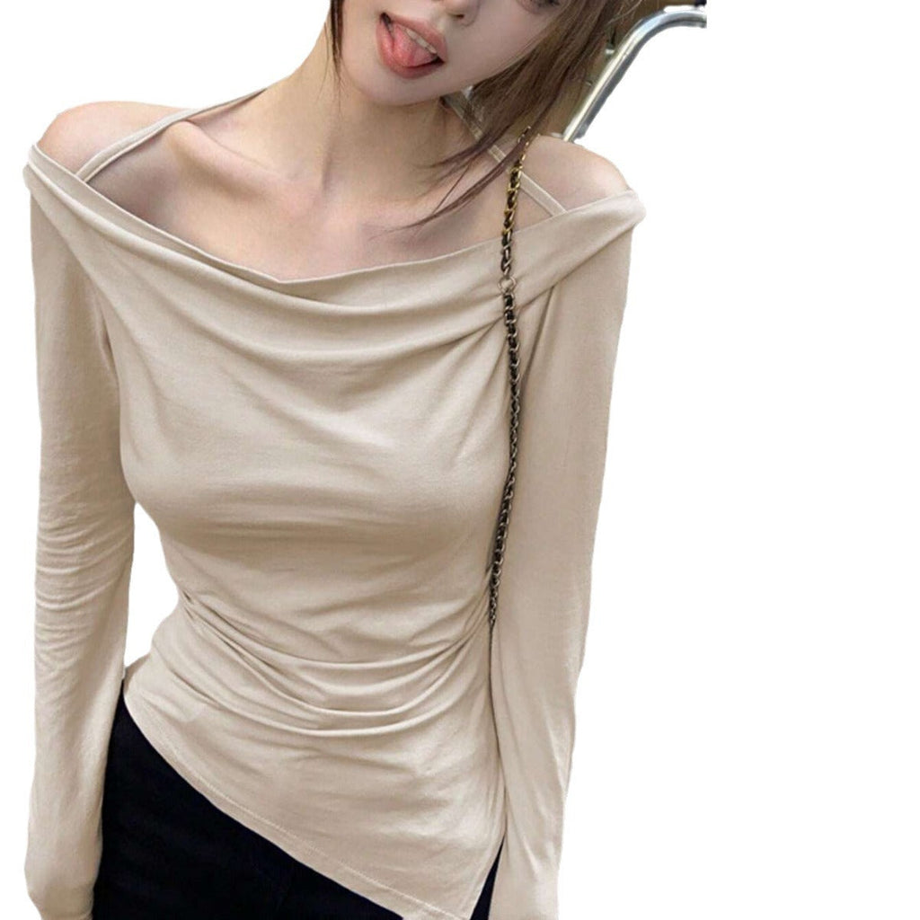Haut à manches longues sans épaules en cowl avec de fines bretelles spaghetti et coupe sculptante à la taille