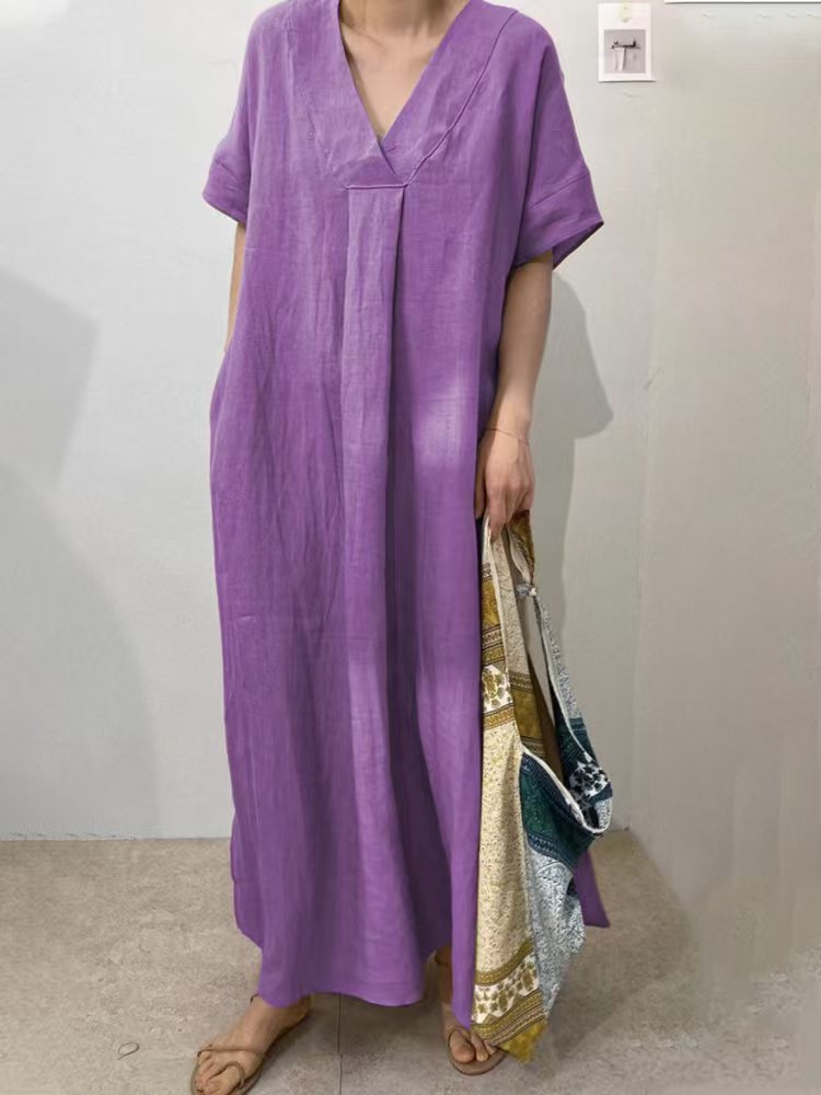 Robe longue en lin pour femmes avec décolleté en V et coupe décontractée R&B