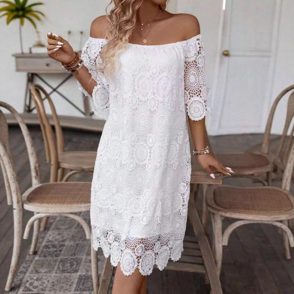 Robe midi en crochet sans épaules pour femmes avec décolleté Carmen et bordure en dentelle florale R&B
