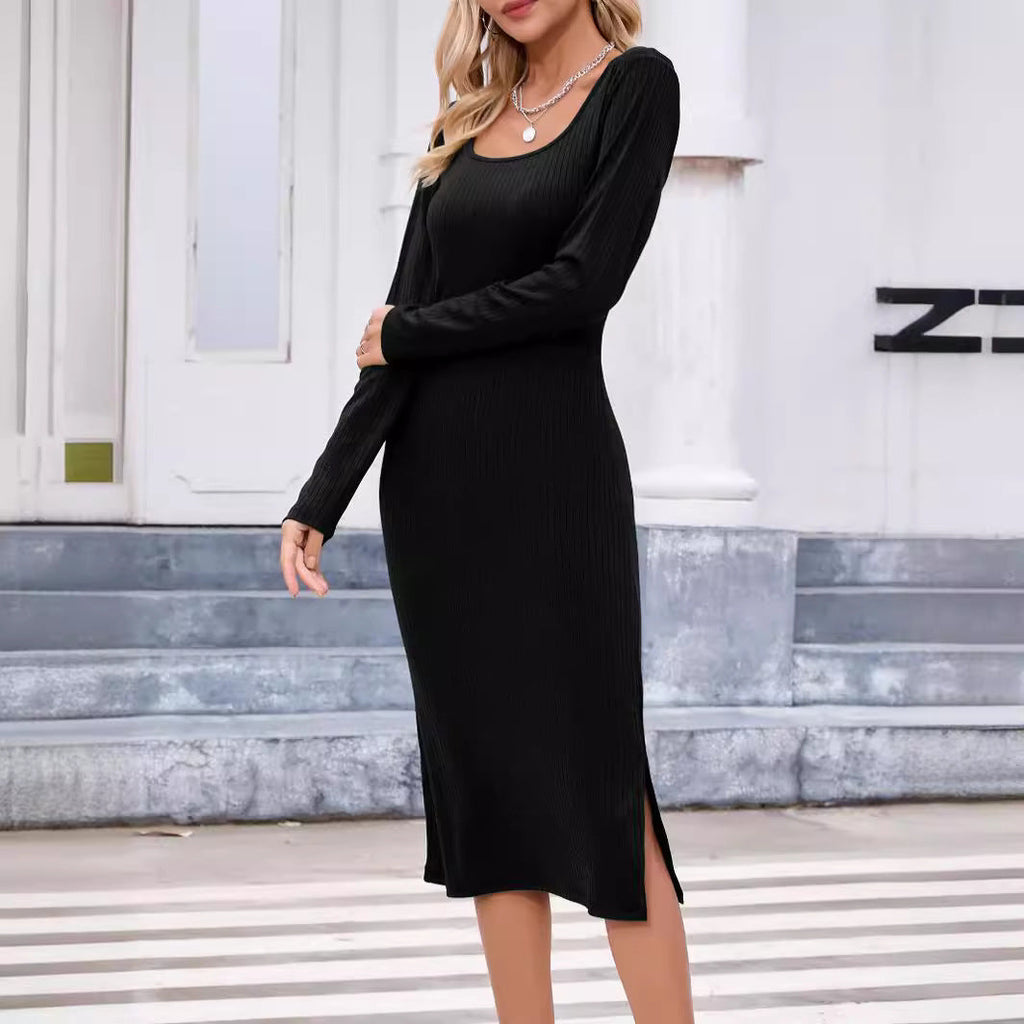 Robe midi ajustée à rayures pour femmes avec décolleté en U