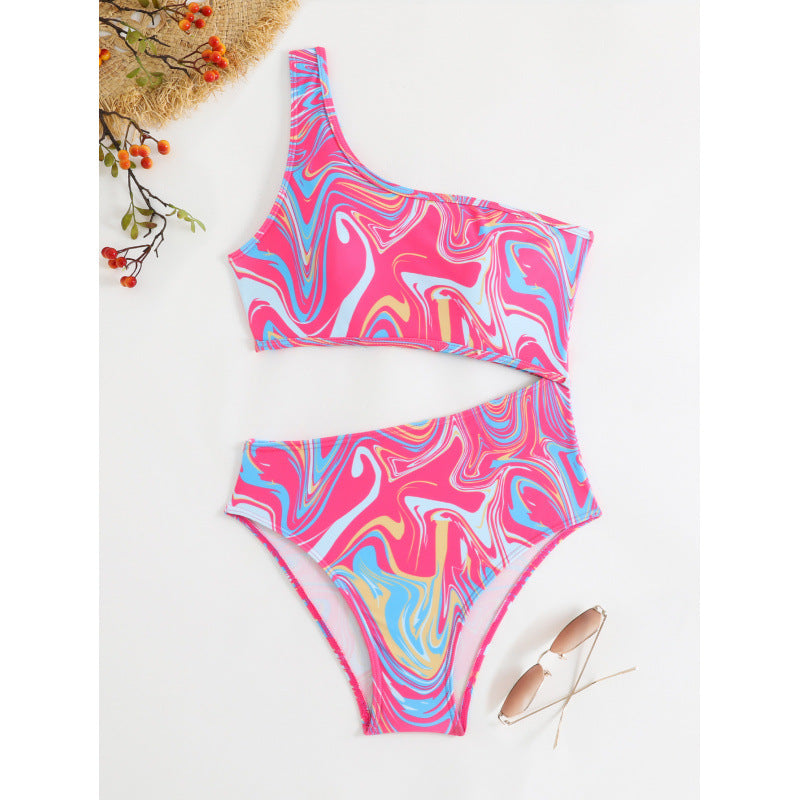 Ensemble de bikini femme à une épaule avec motif coloré et décolleté plongeant R&B