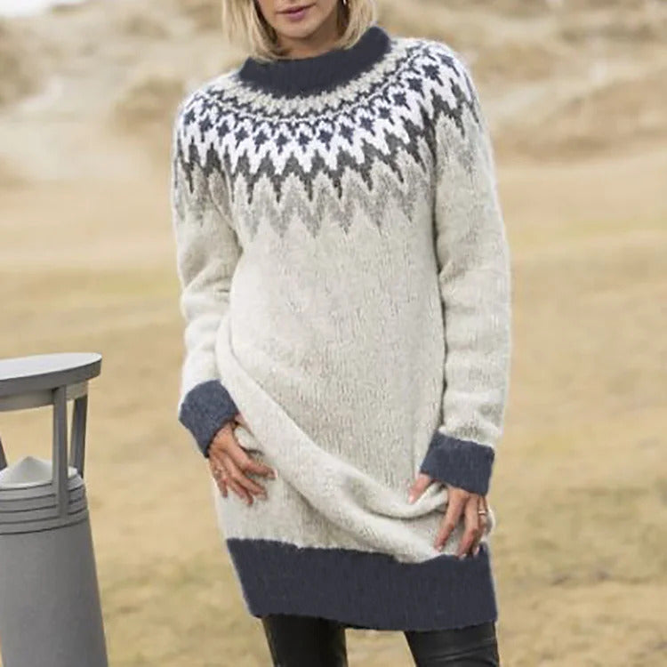 Robe Tricotée Femme avec Motif Nordique et Col Montant