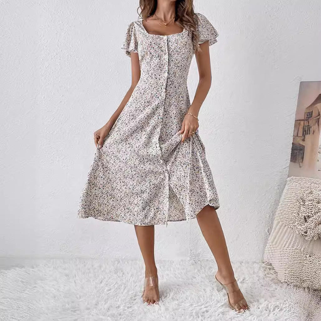 Robe midi cintrée pour femmes avec décolleté carré, patte de boutonnage cachée et jupe fluide en A R&B