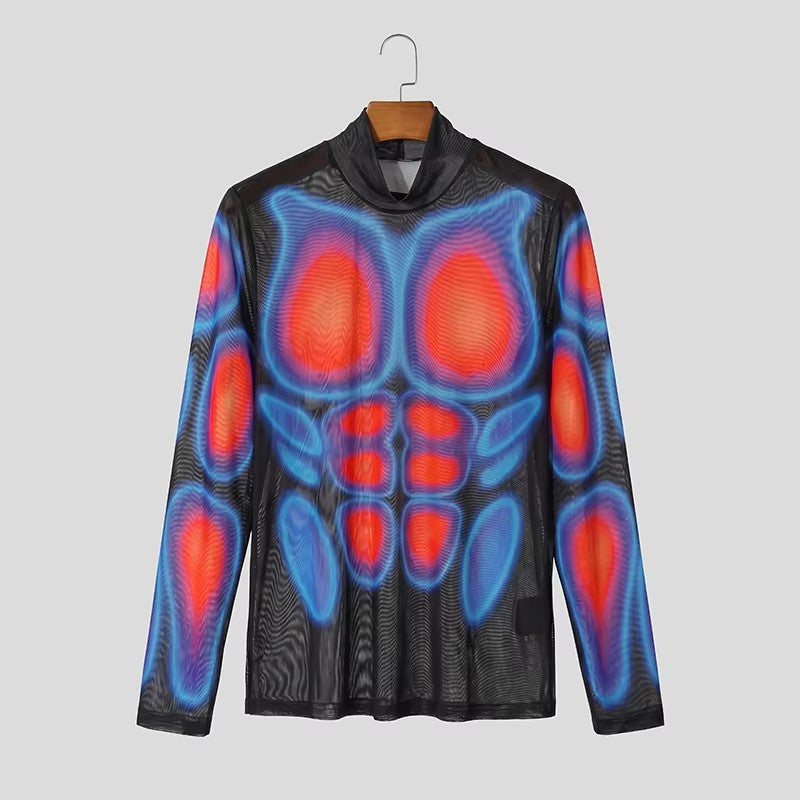 T-shirt long transparent en mesh pour hommes avec impression musculaire 3D Echoarchiv