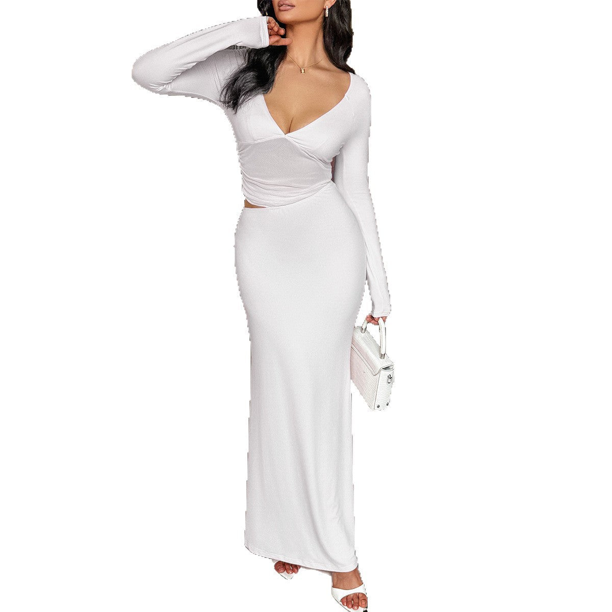 Robe maxi cintrée pour femmes avec décolleté en V plongeant, découpe latérale et silhouette stretch ajustée Echo Archiv