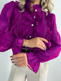Blouse à volants en chiffon pour femmes avec col montant et boutons en perles