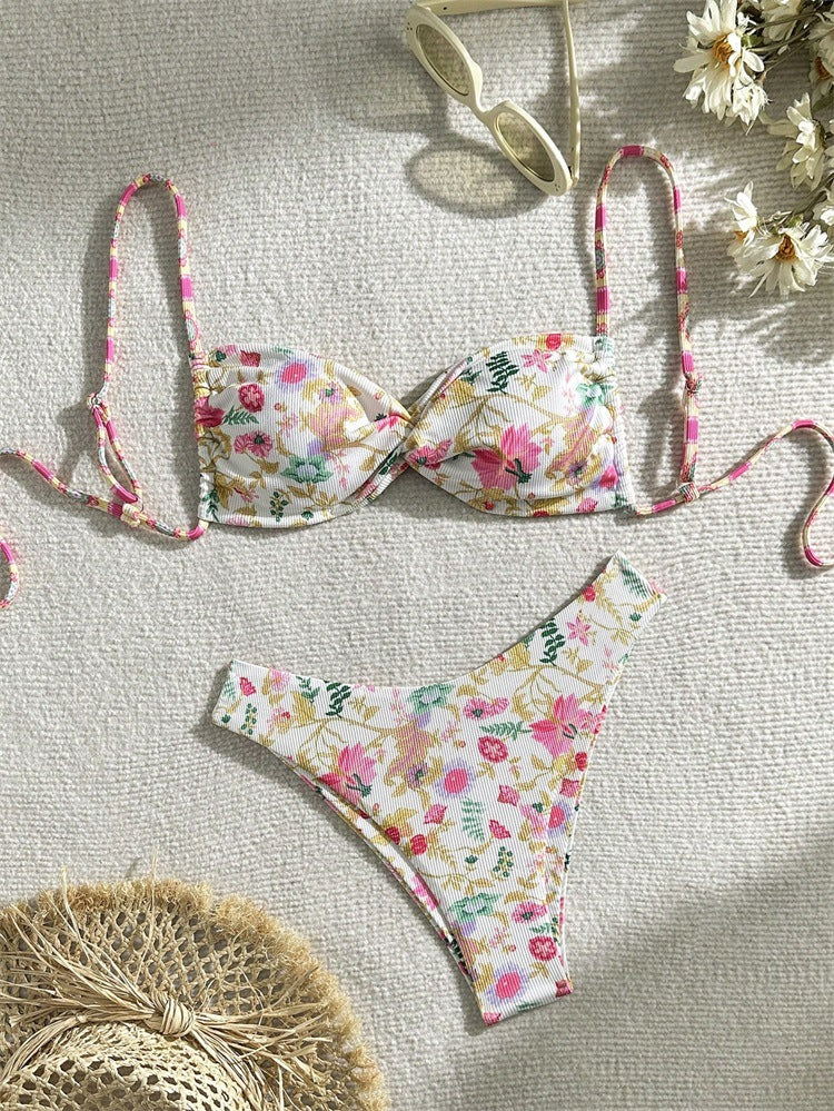 Bikini floral pour femmes avec rembourrage amovible et cordons réglables R&B