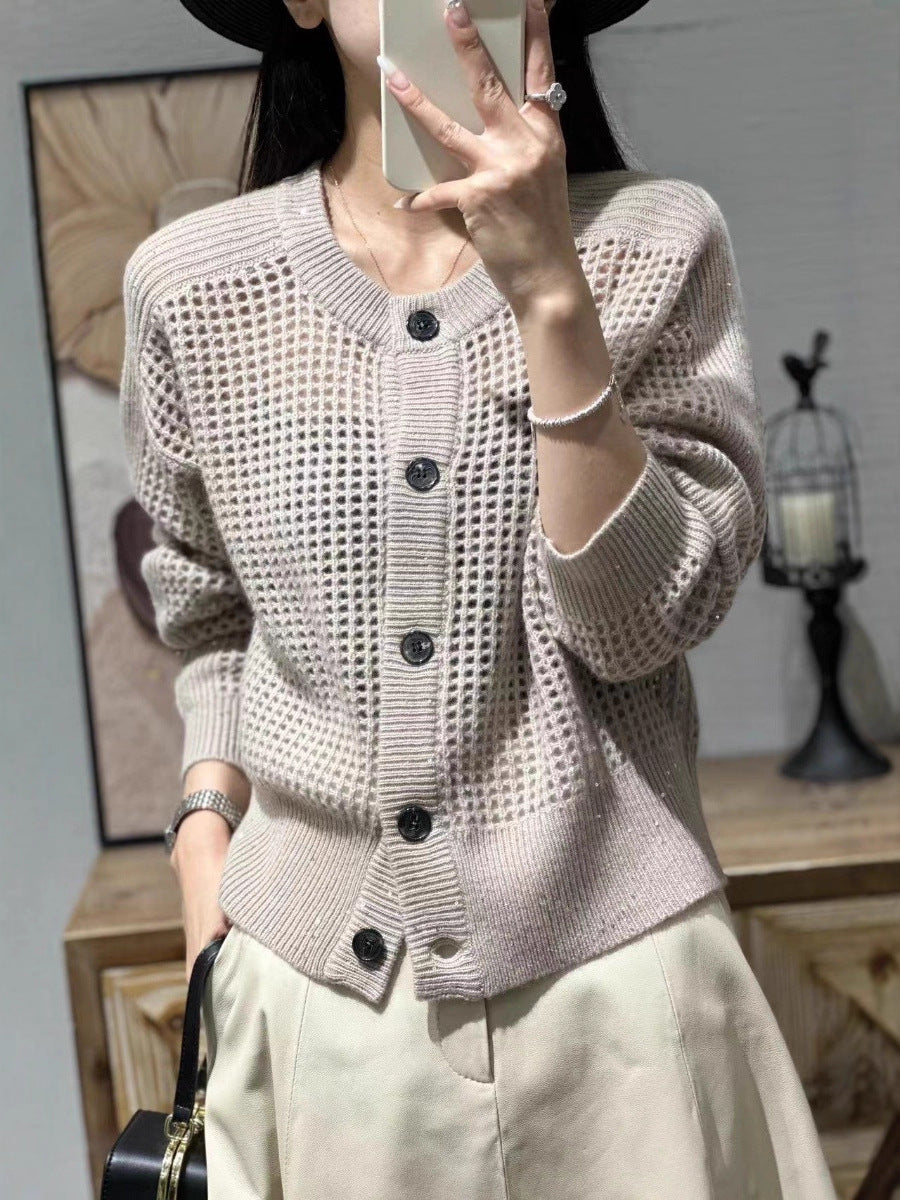 Cardigan en maille pour femmes avec col rond, patte de boutonnage et manches longues