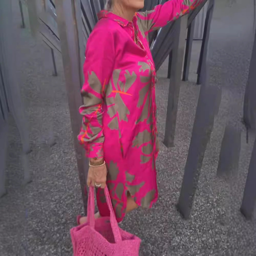 Robe chemise à manches longues pour femmes, tombé décontracté, avec boutonnière intégrale, col de chemise, manches avec poignets et grand imprimé botanique R&B