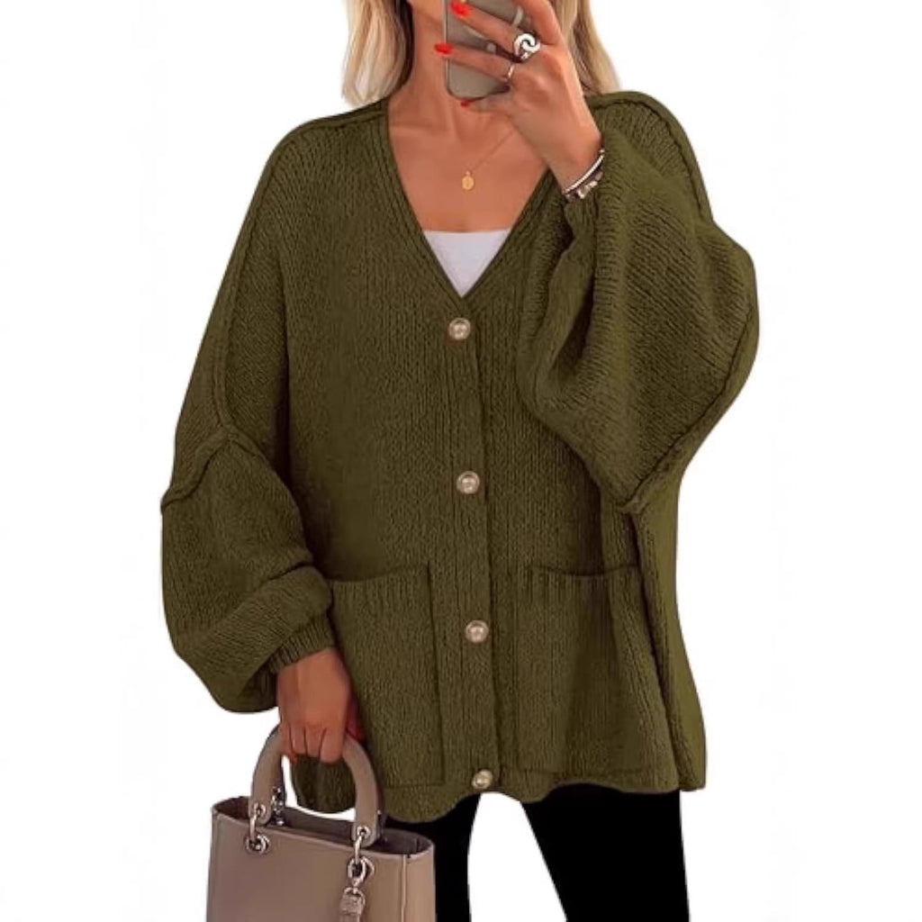 Cardigan en tricot oversize pour femmes avec décolleté en V, boutons décoratifs dorés et poches plaquées