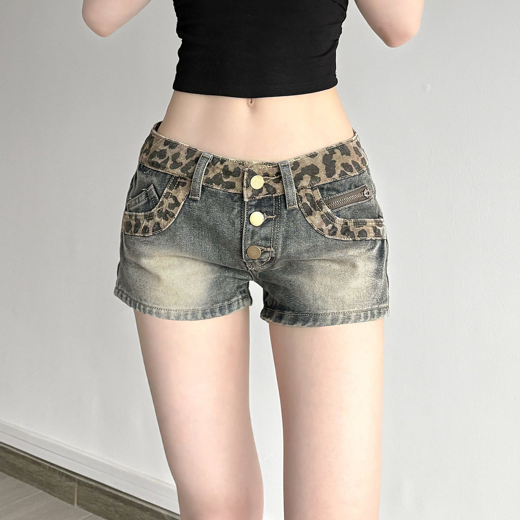 Shorts en jean pour femmes avec motif léopard et taille froncée R&B