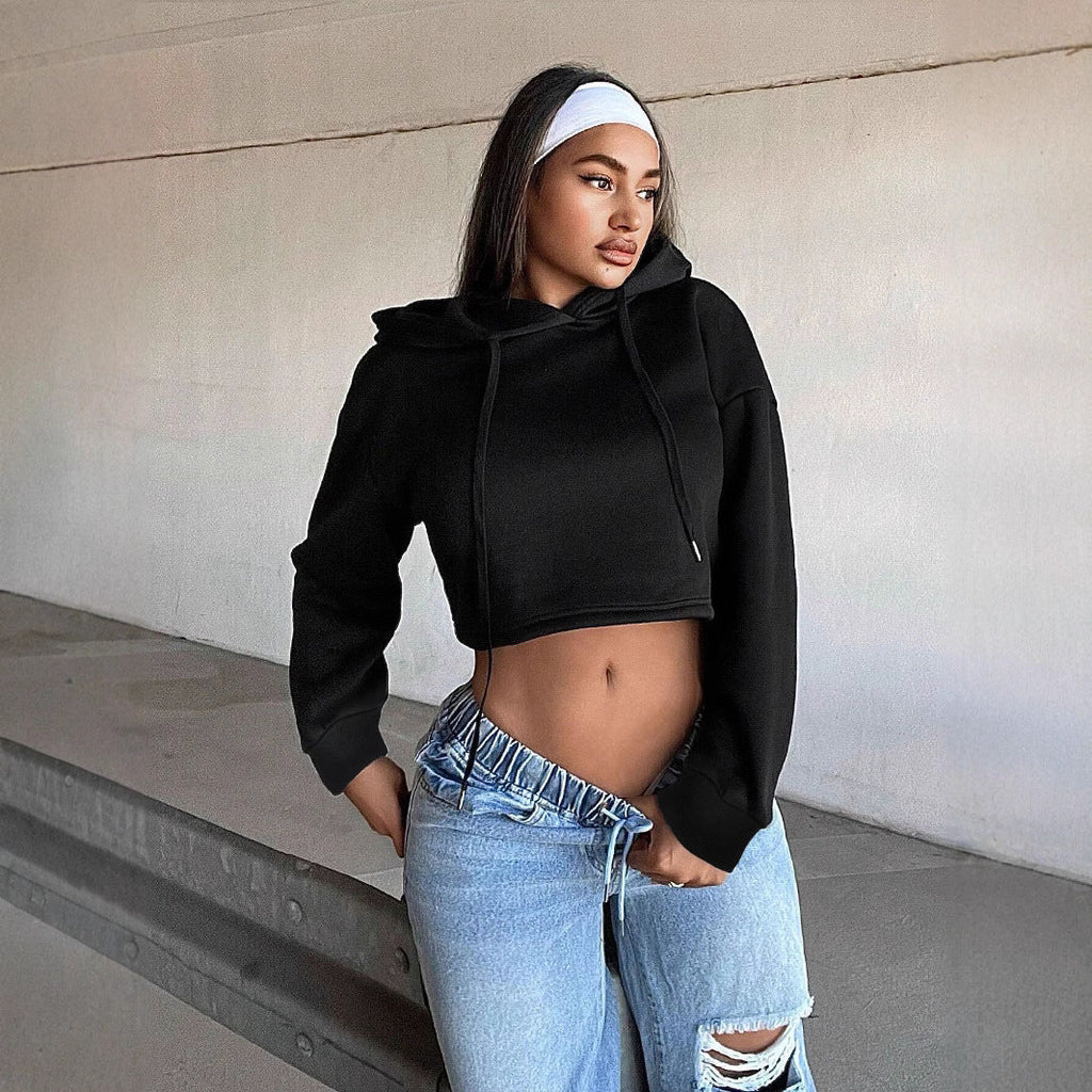 Sweat à capuche court pour femmes Cropped-Hoodie avec cordon de serrage, poignets côtelés et coupe oversize décontractée