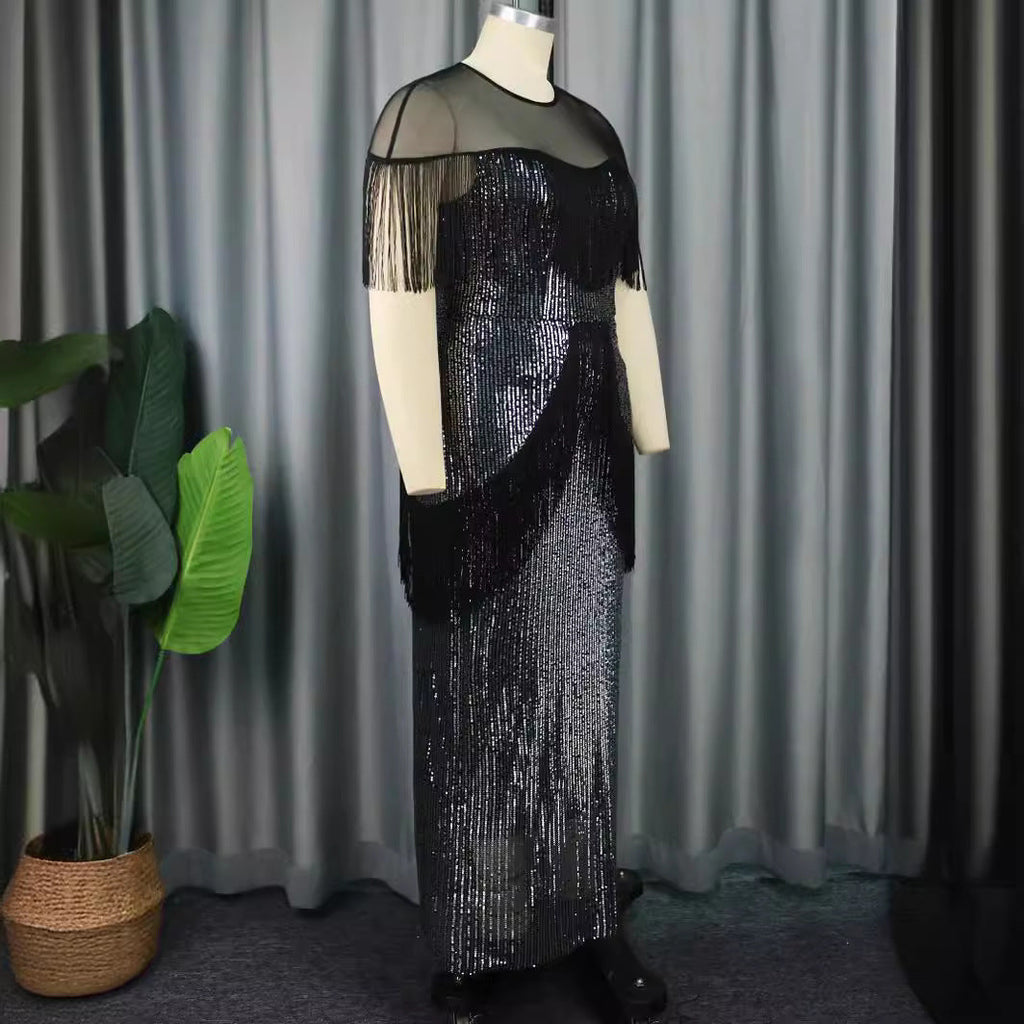 Robe de soirée glamour pour femmes avec franges et tissu scintillant R&B