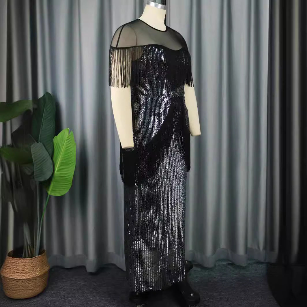 Robe de soirée glamour pour femmes avec franges et tissu scintillant R&B
