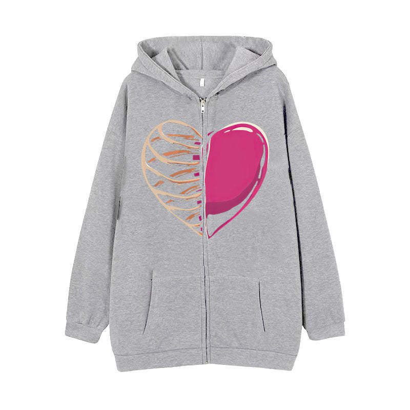 Veste à capuche pour femmes avec fermeture éclair intégrale et impression cœur côtelé Echo Archiv