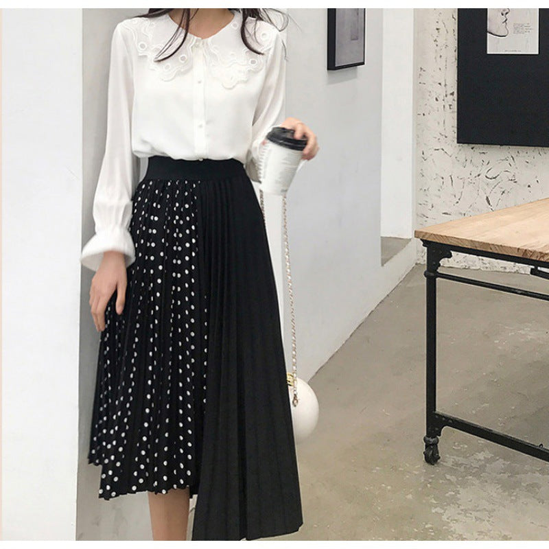 Jupe midi plissée asymétrique pour femmes avec panneau à pois et taille élastique Echo Archive